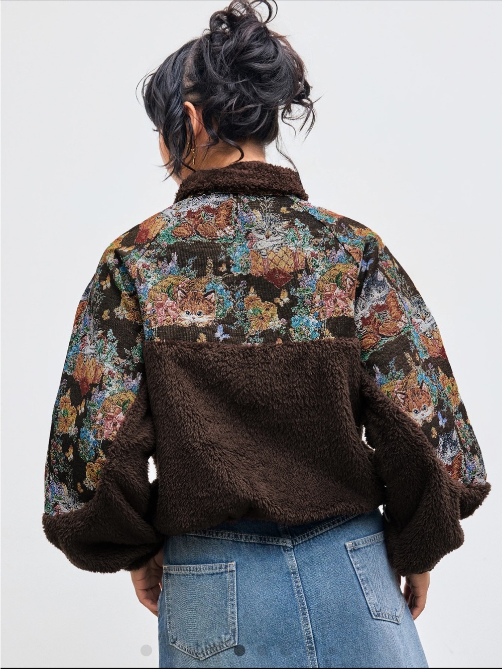 Cider Brown Floral Cat Sherpa Pull-On Jacket - Picture 5 of 8
